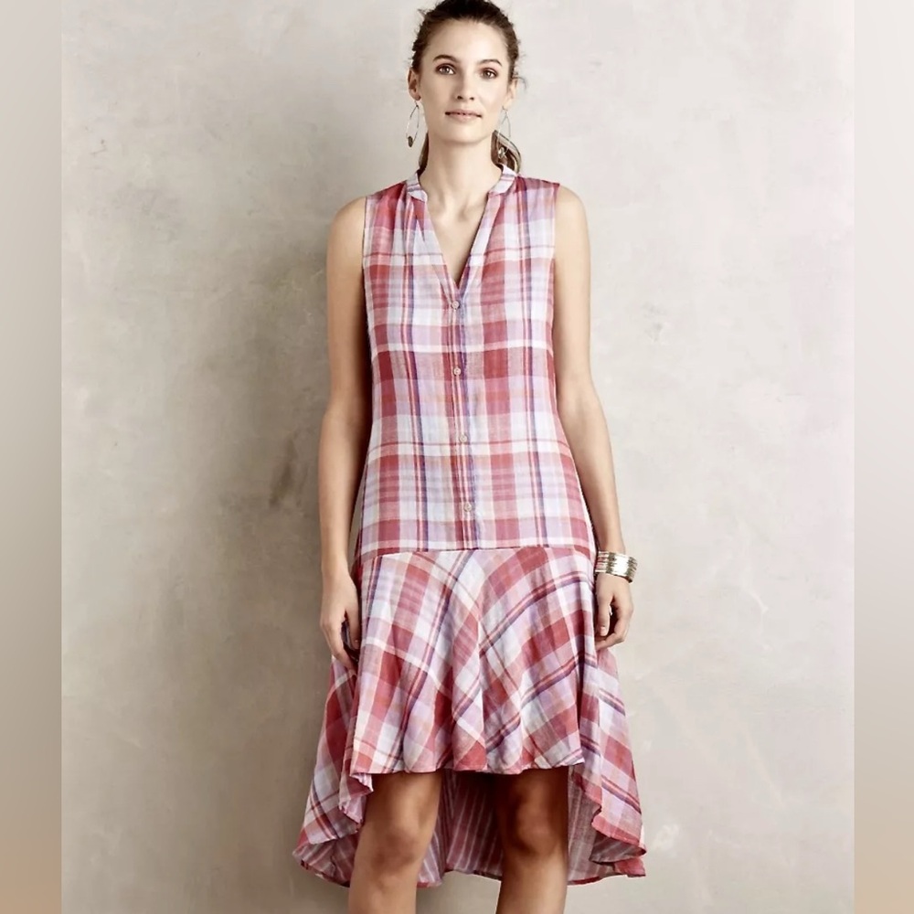 Anthropologie Dress Ruffle Hi Lo Pink Voile Plaid Swing Flounce